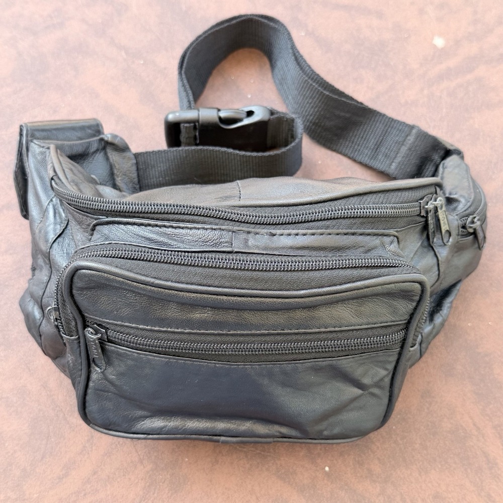 Vintage Black Leather Fanny Pack Waist Bag Multiple Pockets TONI Zippers Retro